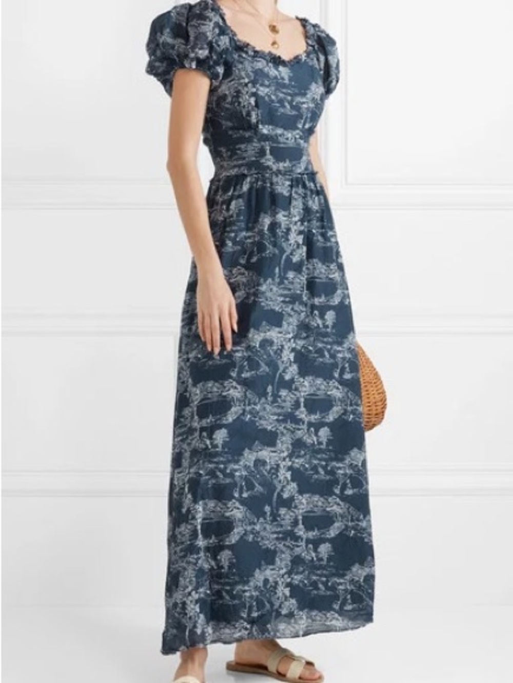 LoveShackFancy Bridget Frayed Cotton Toile Maxi Dress in storm blue